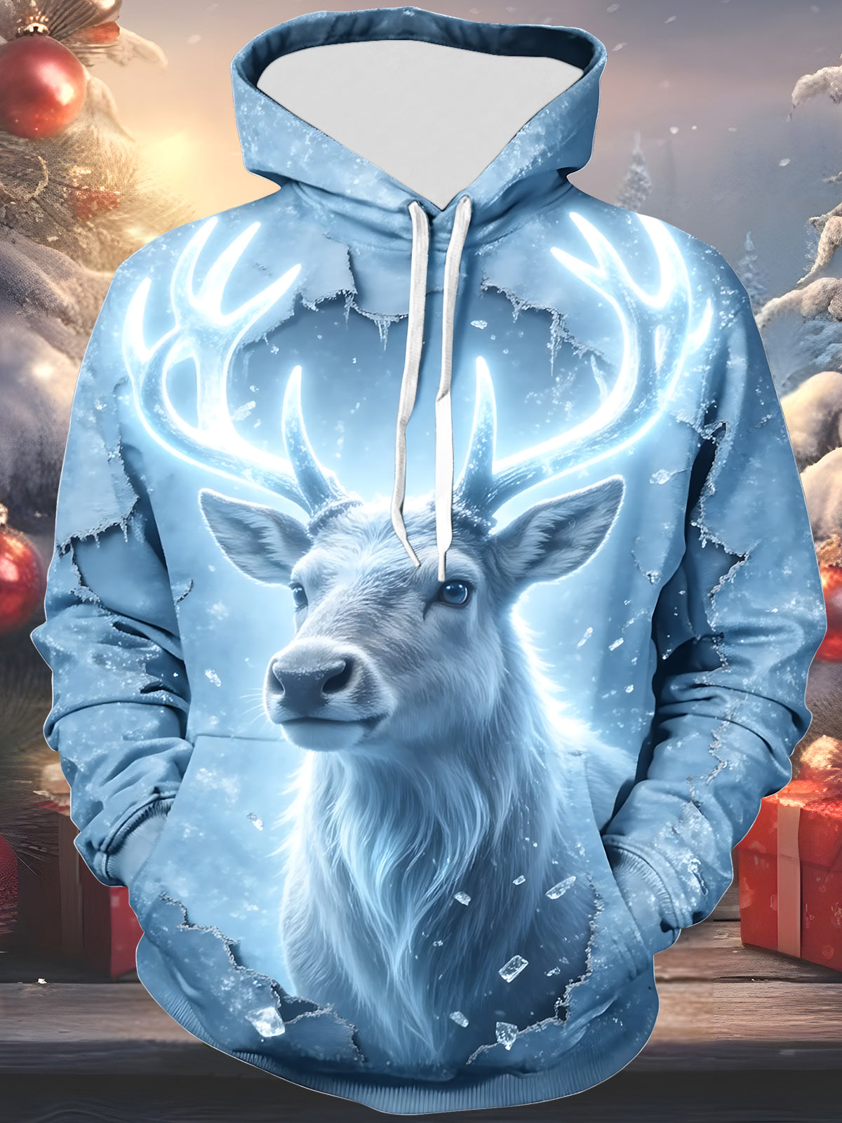 Adaychic Men's Long Sleeve Hoodie - Christmas White Reindeer With Glowing Antlers And Snowflakes Print
