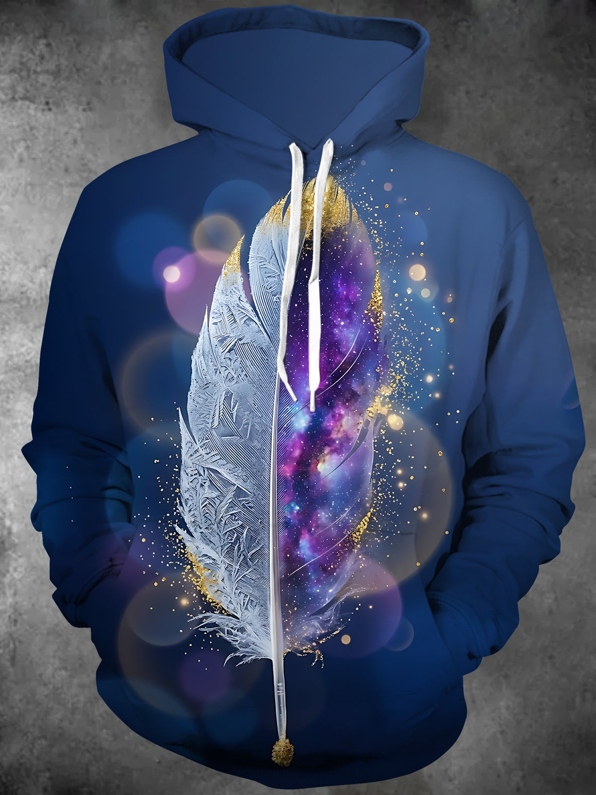Adaychic Men's Long Sleeve Hoodie - Galaxy Feather With Frost And Gold Sparkles Print