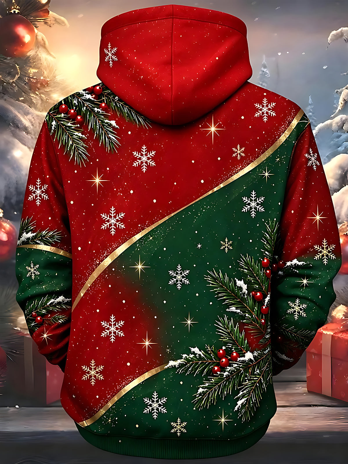 Adaychic Men's Christmas Pine Branches And Snowflakes Print Long Sleeve Hoodie