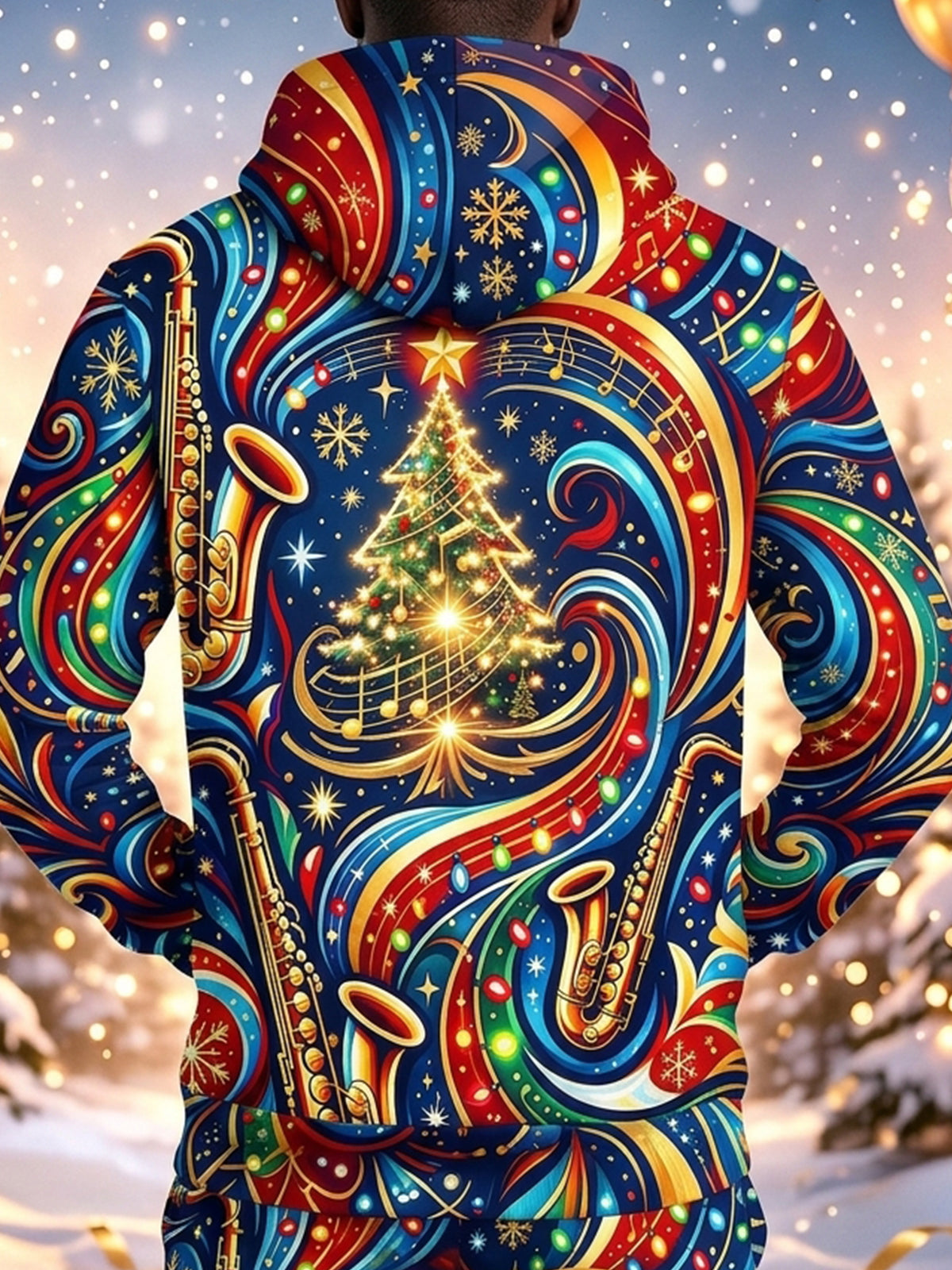 Adaychic Men's Graphic Christmas Music Print Saxophone Print Long Sleeve Hoodie with Chest Pocket