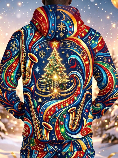 Adaychic Men's Graphic Christmas Music Print Saxophone Print Long Sleeve Hoodie with Chest Pocket