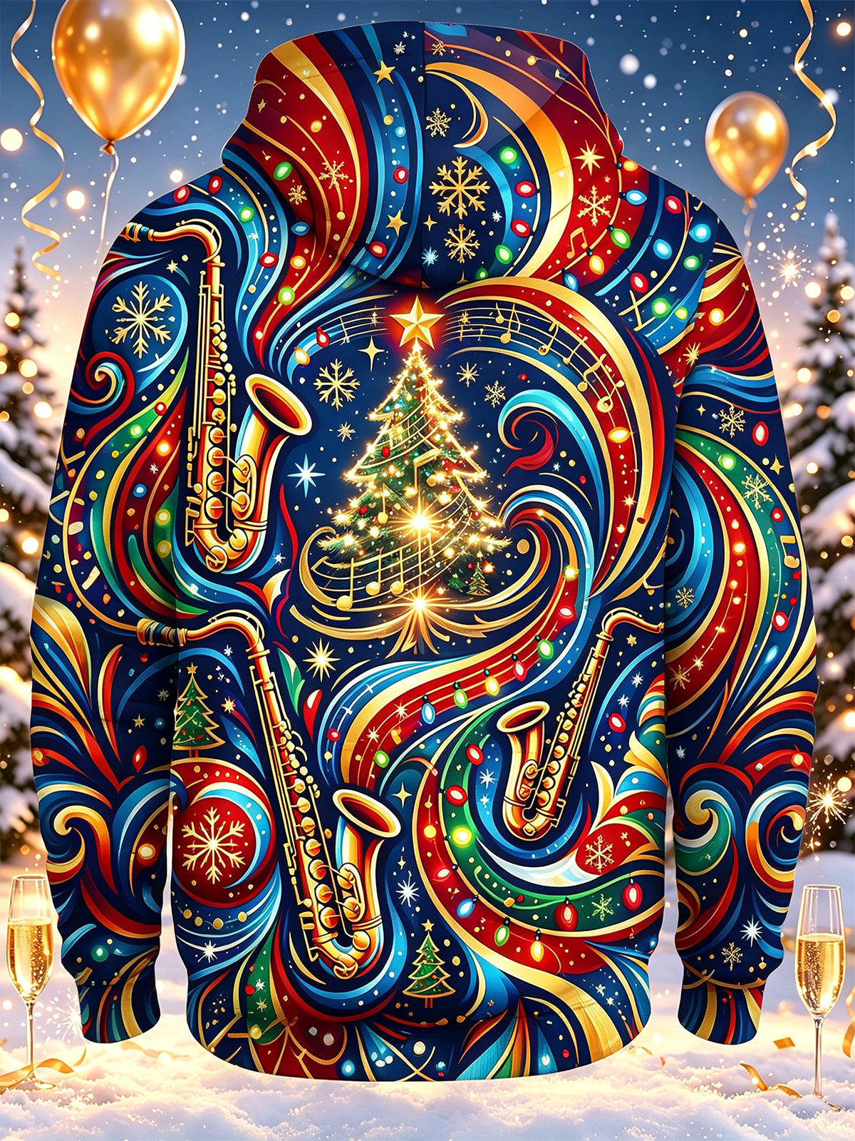 Adaychic Men's Graphic Christmas Music Print Saxophone Print Long Sleeve Hoodie with Chest Pocket
