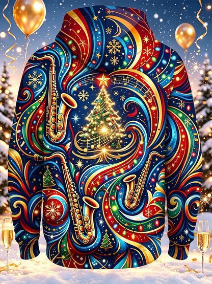 Adaychic Men's Graphic Christmas Music Print Saxophone Print Long Sleeve Hoodie with Chest Pocket