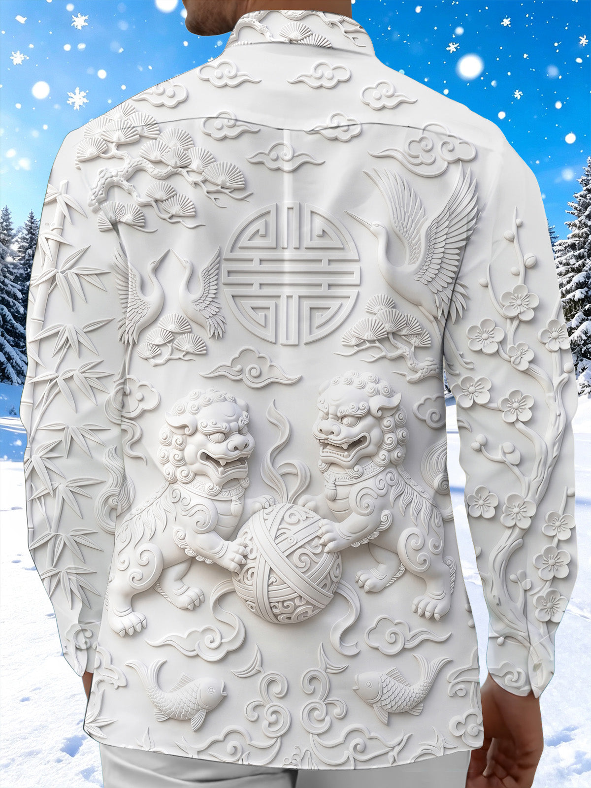 Adaychic Men's Graphic Stone Lion Print Crane Print Long Sleeve Shirt with Chest Pocket