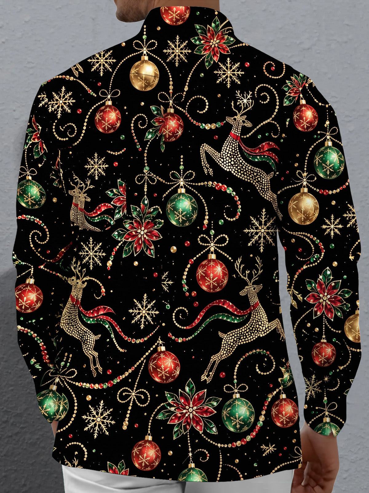 Adaychic Men's Printed Christmas Reindeer And Ornaments Print Long Sleeve Shirt with Chest Pocket