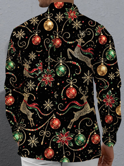 Adaychic Men's Printed Christmas Reindeer And Ornaments Print Long Sleeve Shirt with Chest Pocket