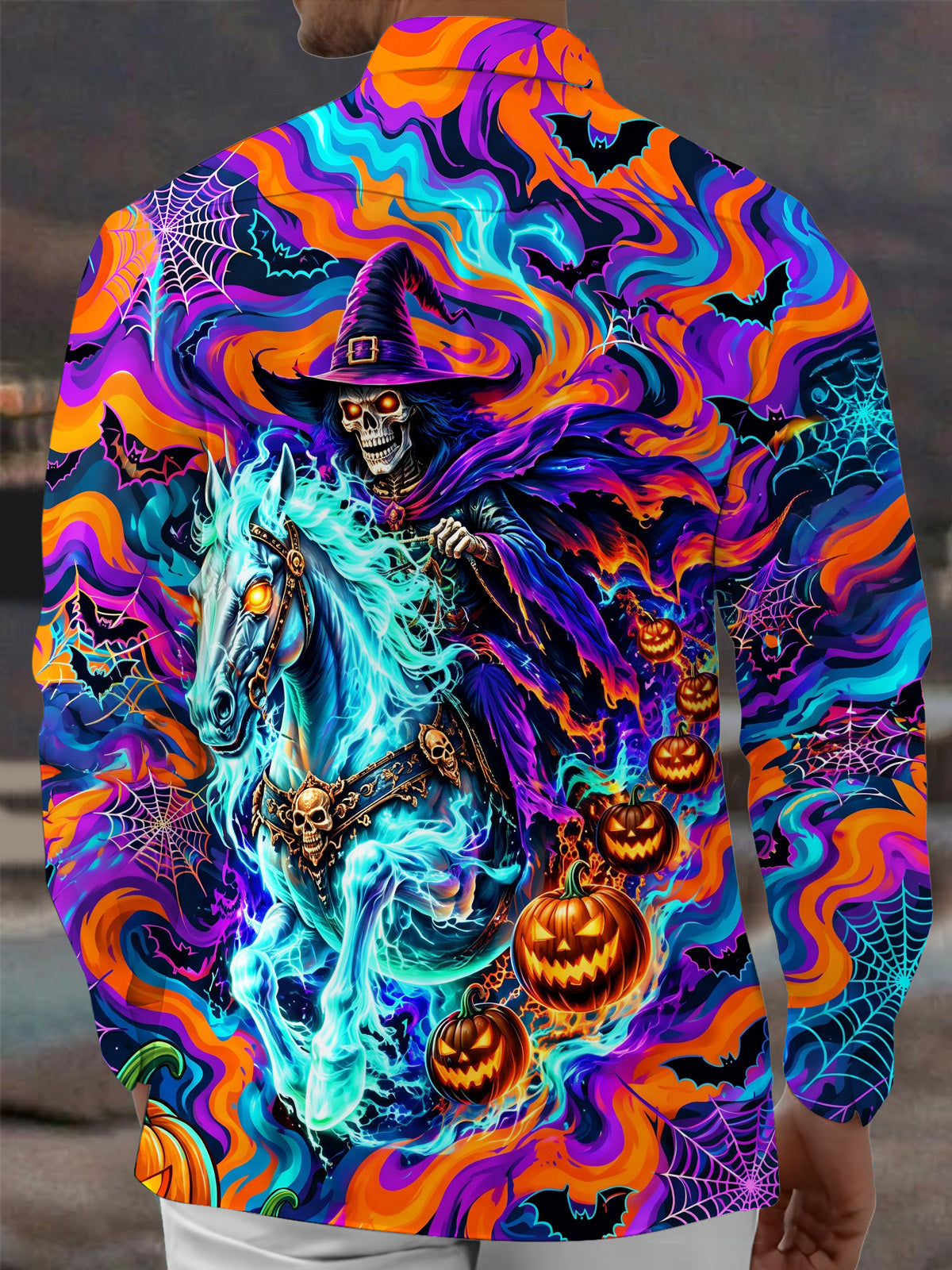 Adaychic Men's Halloween Skeleton Wizard On Ghost Horse Print Long Sleeve Shirt with Chest Pocket