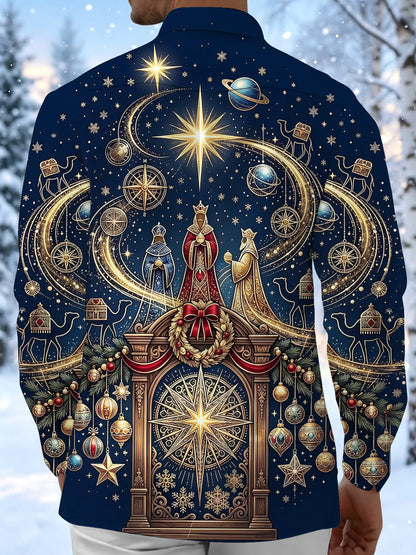 Adaychic Men's Three Wise Men And Christmas Ornaments Print Long Sleeve Shirt with Chest Pocket