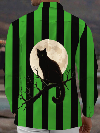 Adaychic Men's Long Sleeve Shirt - Halloween Black Cat On Tree Branch With Full Moon Print with Chest Pocket