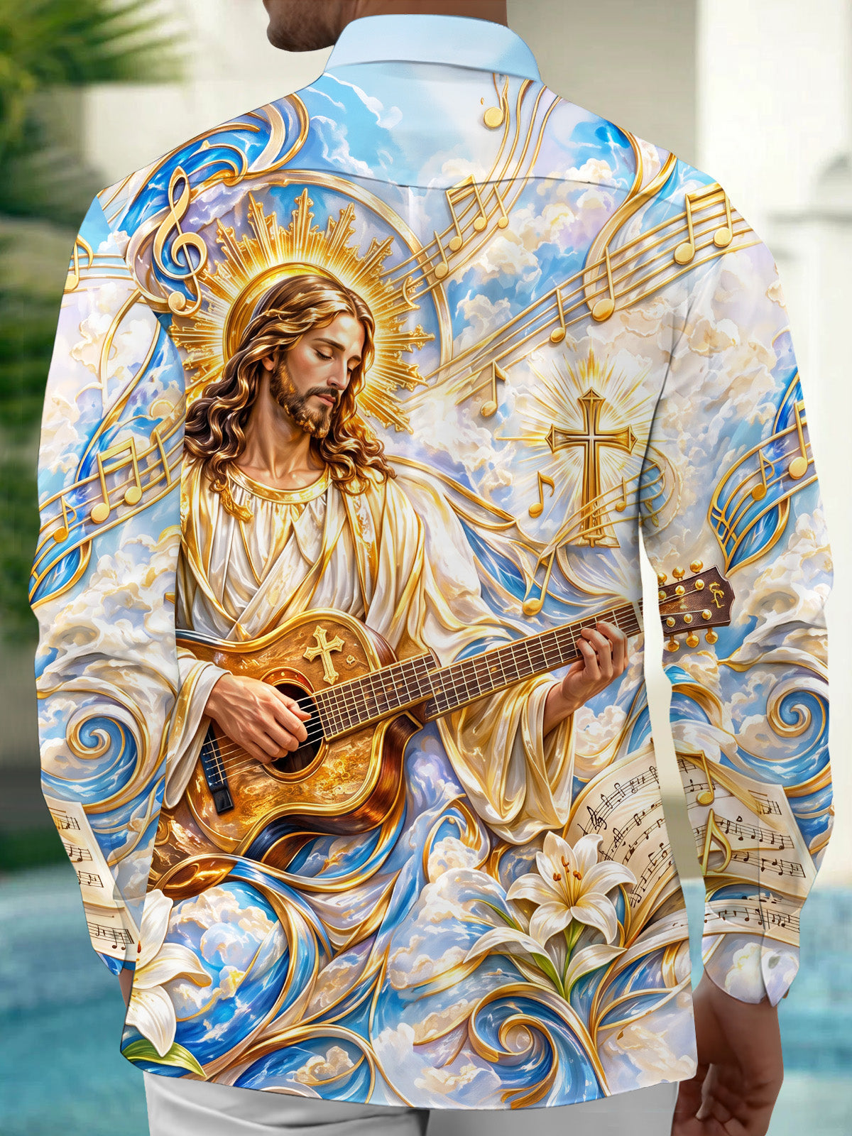 Adaychic Men's Graphic Saint Figure Playing Guitar Print Long Sleeve Shirt with Chest Pocket