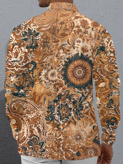 Adaychic Men's Paisley And Floral Medallion Print Long Sleeve Shirt with Chest Pocket
