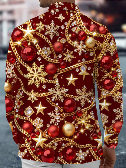 Adaychic Men's Christmas Ornaments And Snowflakes Print Long Sleeve Shirt with Chest Pocket