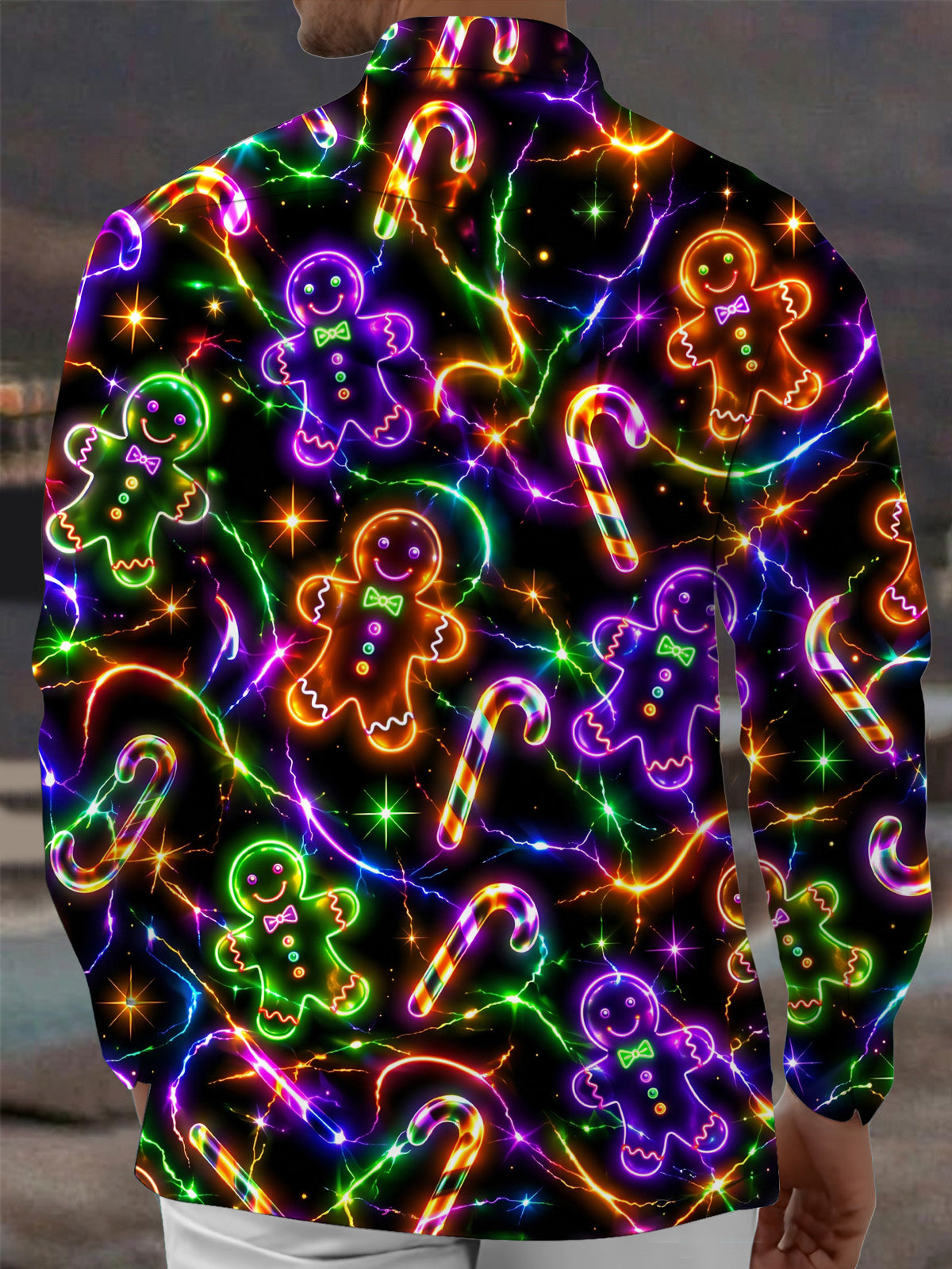 Adaychic Men's Graphic Neon Gingerbread Man Print Long Sleeve Shirt with Chest Pocket