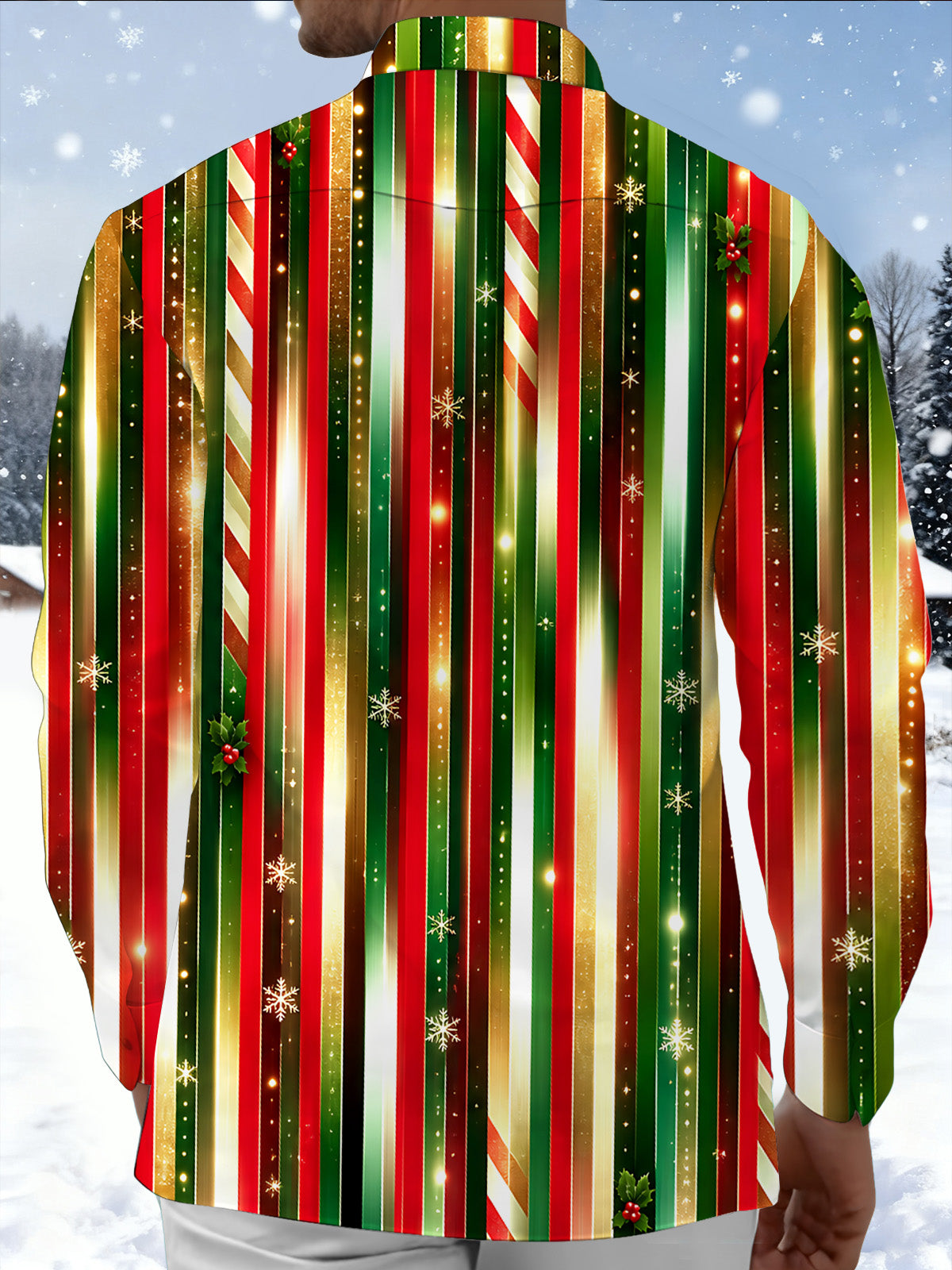 Adaychic Men's Striped Christmas Stripes Print Long Sleeve Shirt with Chest Pocket