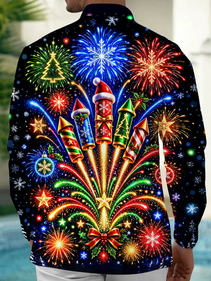Adaychic Men's Long Sleeve Shirt - Christmas Fireworks Rockets And Ornaments Print with Chest Pocket