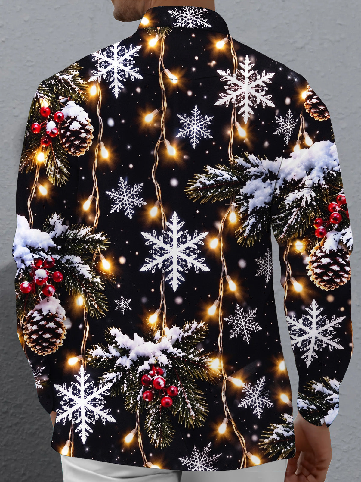 Adaychic Men's Long Sleeve Shirt - Christmas Snowflakes Pine Cones And Fairy Lights Print with Chest Pocket