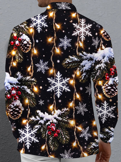 Adaychic Men's Long Sleeve Shirt - Christmas Snowflakes Pine Cones And Fairy Lights Print with Chest Pocket