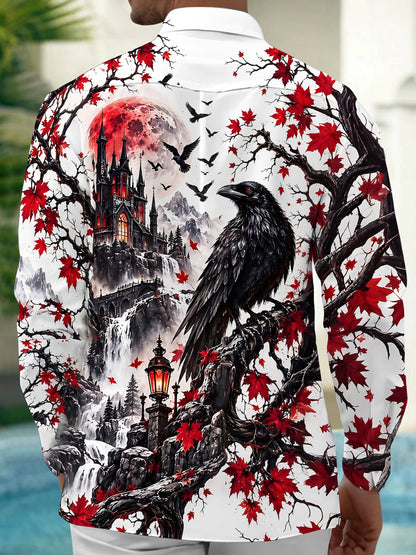 Adaychic Men's Graphic Halloween Crow Print Long Sleeve Shirt with Chest Pocket