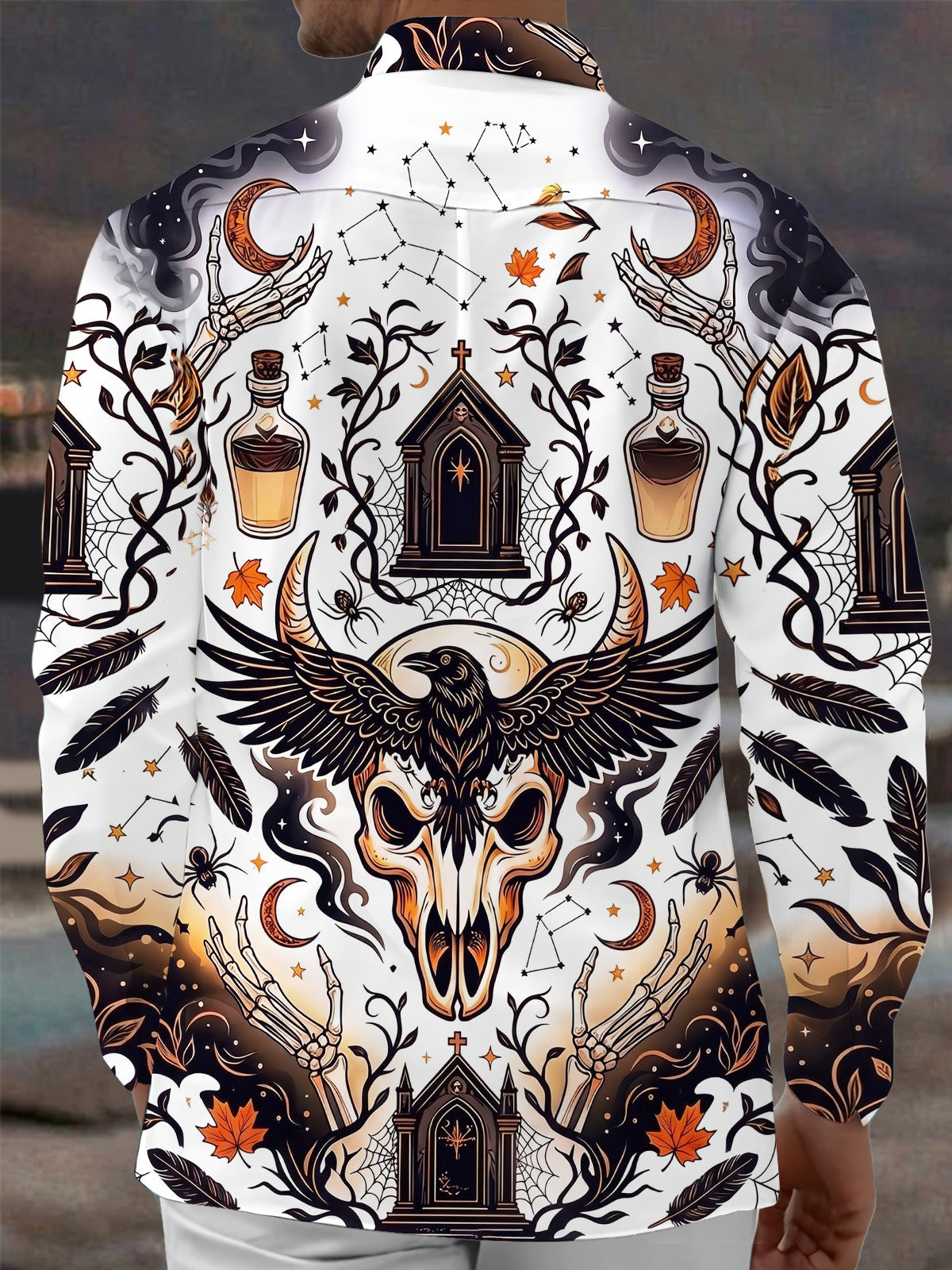 Adaychic Men's Graphic Halloween Skull And Raven Print Long Sleeve Shirt with Chest Pocket