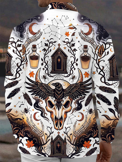 Adaychic Men's Graphic Halloween Skull And Raven Print Long Sleeve Shirt with Chest Pocket