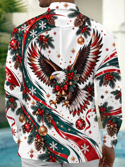 Adaychic Men's Printed Christmas Eagle Print Long Sleeve Shirt with Chest Pocket