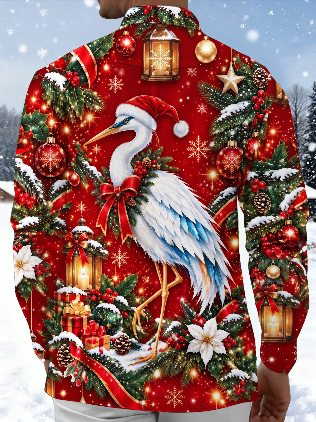 Adaychic Men's Hawaiian Christmas Crane And Ornaments Print Long Sleeve Shirt with Chest Pocket