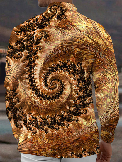 Adaychic Men's Patterned Fractal Spiral Design Print Long Sleeve Shirt with Chest Pocket