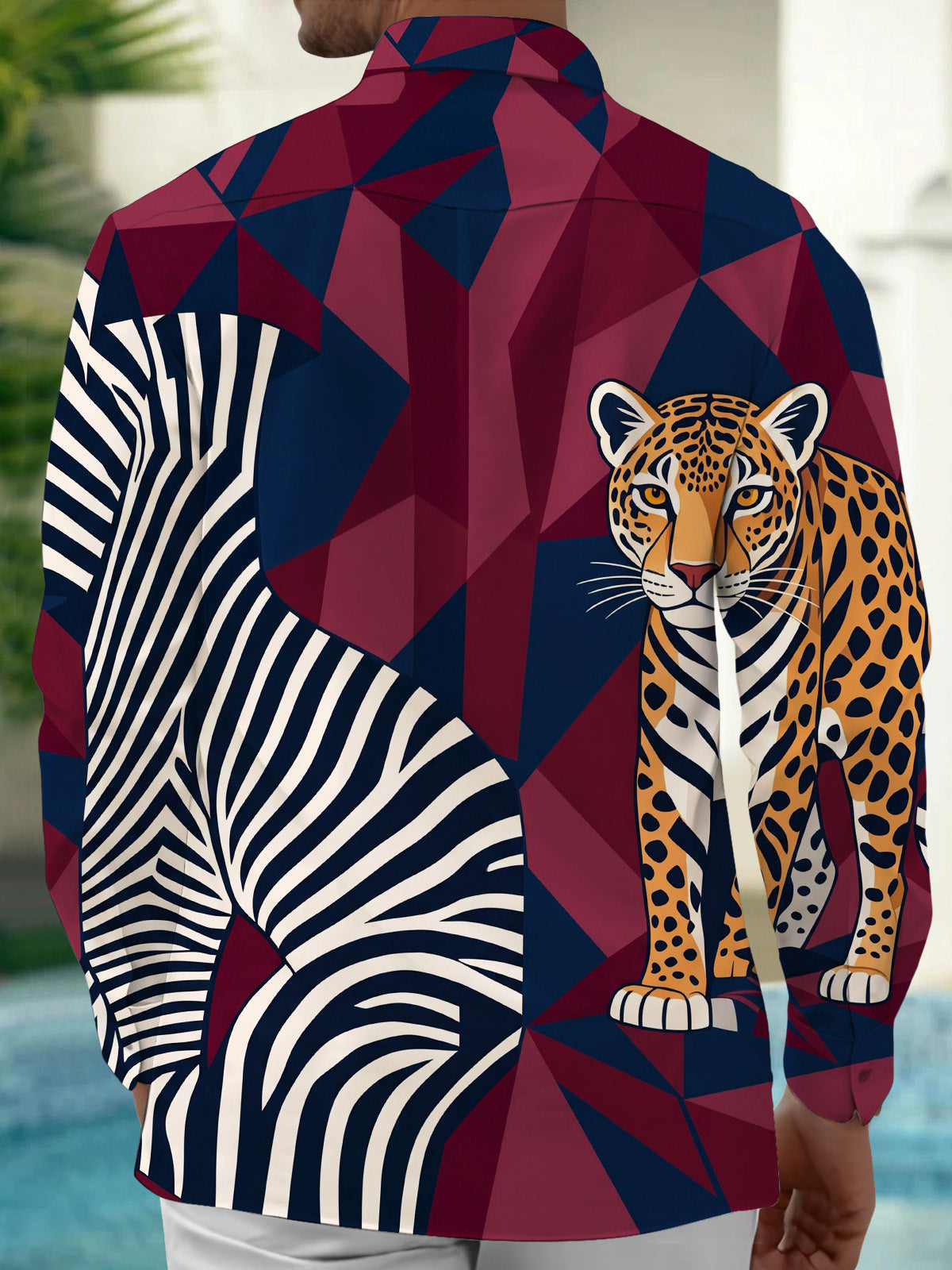 Adaychic Men's Graphic Leopard and Zebra Stripes Print Long Sleeve Shirt with Chest Pocket