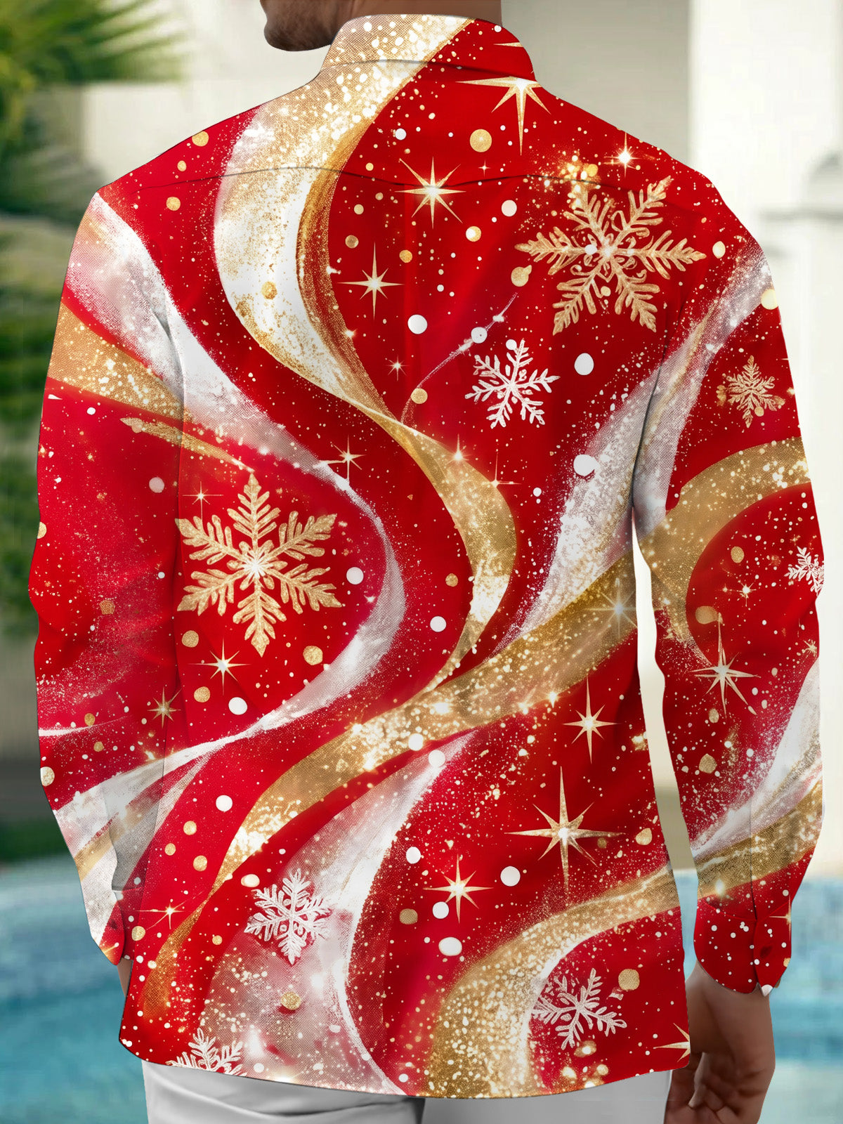 Adaychic Men's Abstract Snowflakes And Gold Swirls Print Long Sleeve Shirt with Chest Pocket
