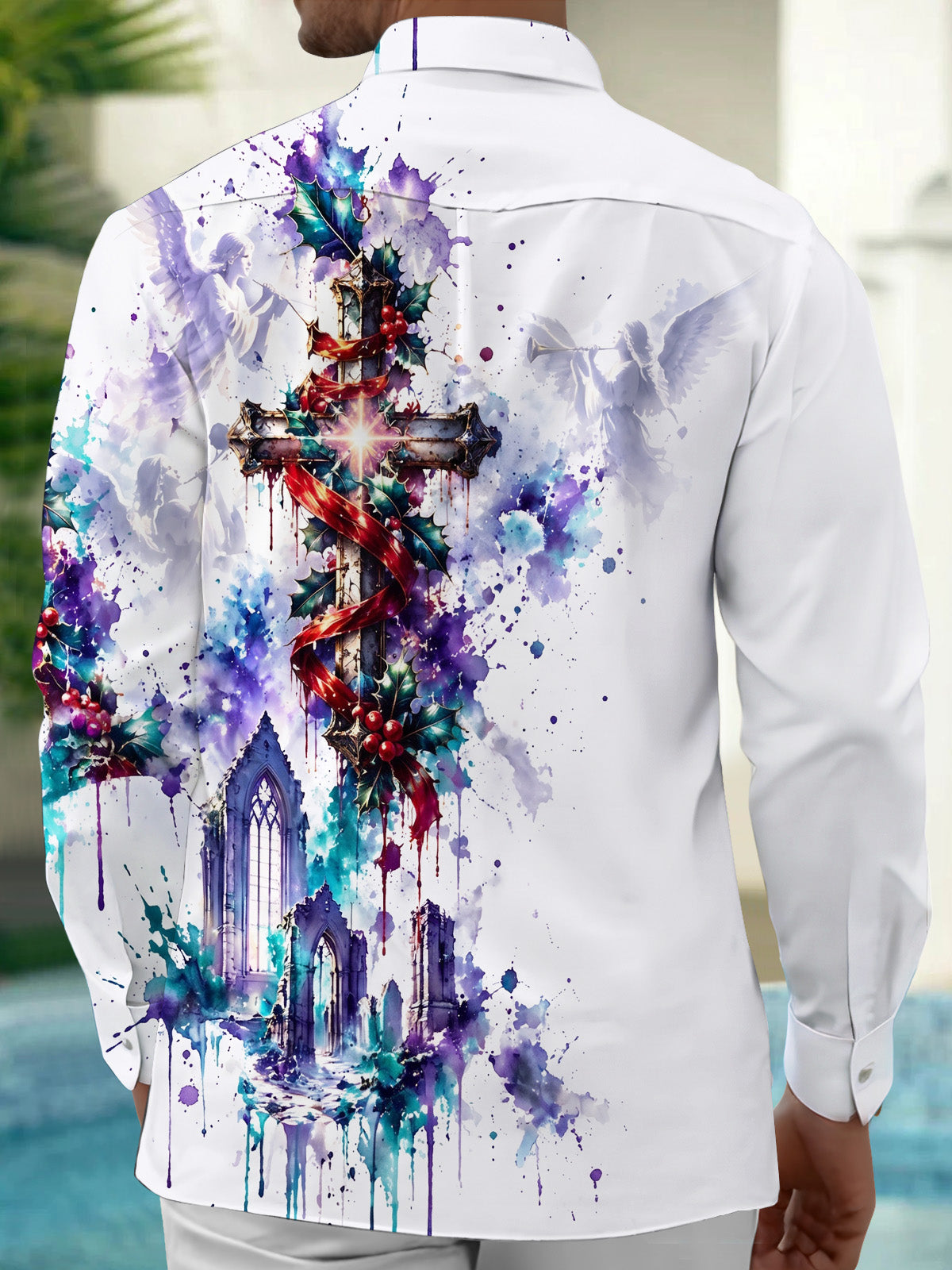 Adaychic Men's Graphic Christmas Cross And Angels Print Long Sleeve Shirt