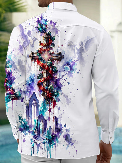 Adaychic Men's Graphic Christmas Cross And Angels Print Long Sleeve Shirt