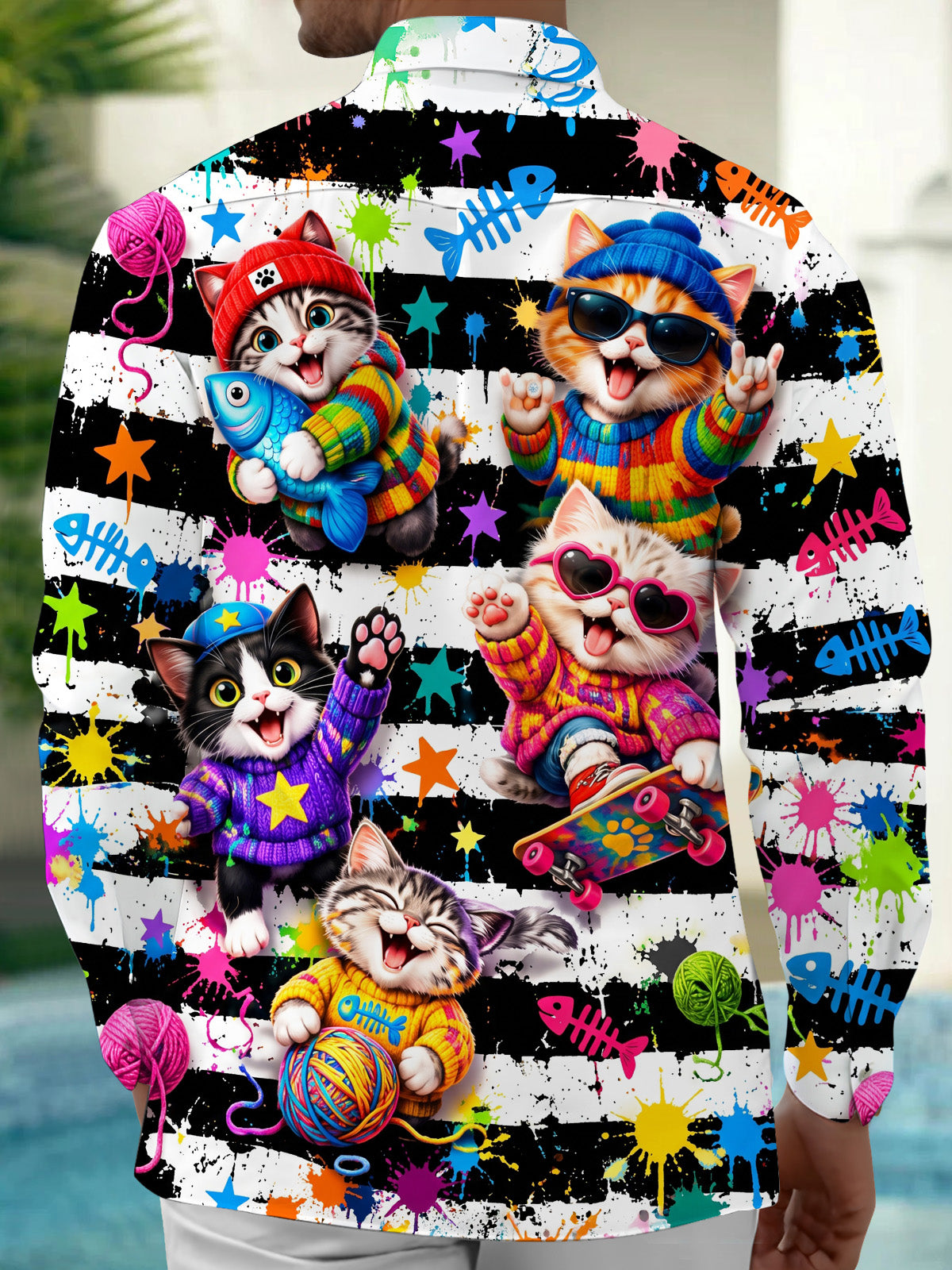 Adaychic Men's Long Sleeve Shirt - Cute Cats With Accessories And Fish Bones Print with Chest Pocket