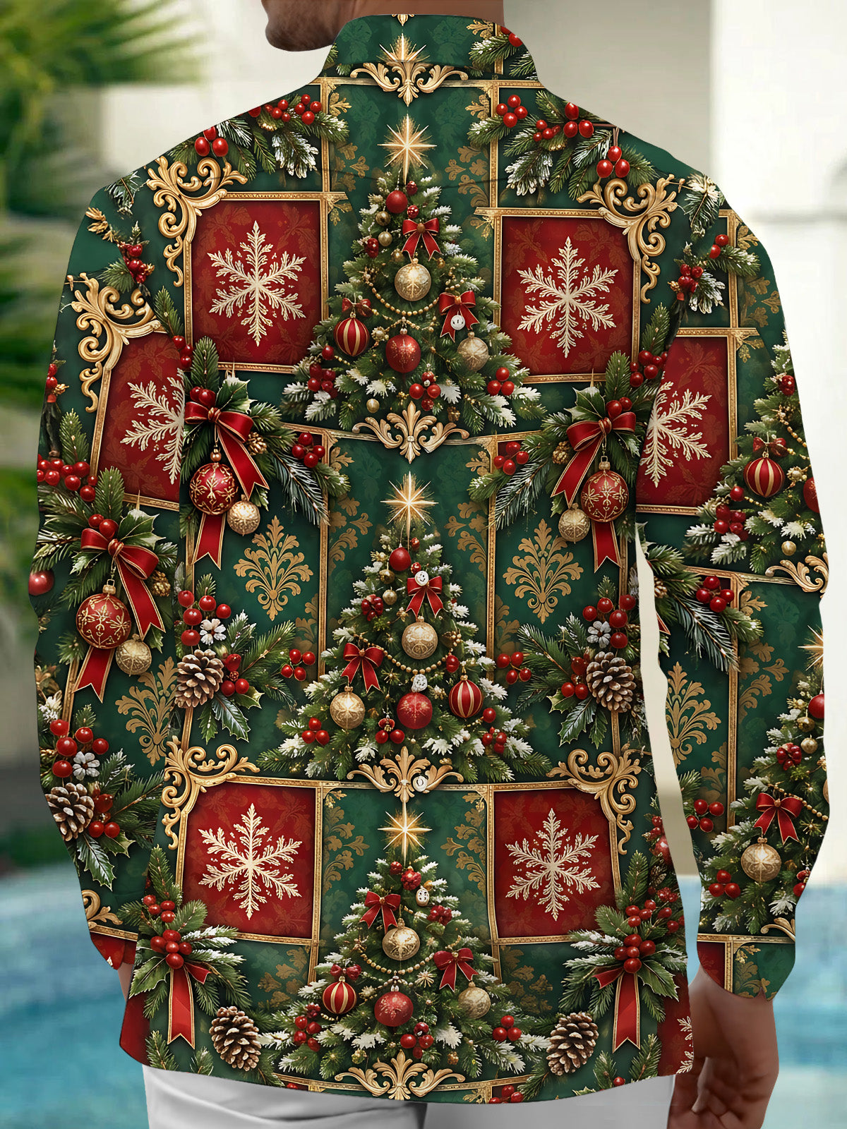 Adaychic Men's Printed Christmas Tree And Ornaments Print Long Sleeve Shirt with Chest Pocket