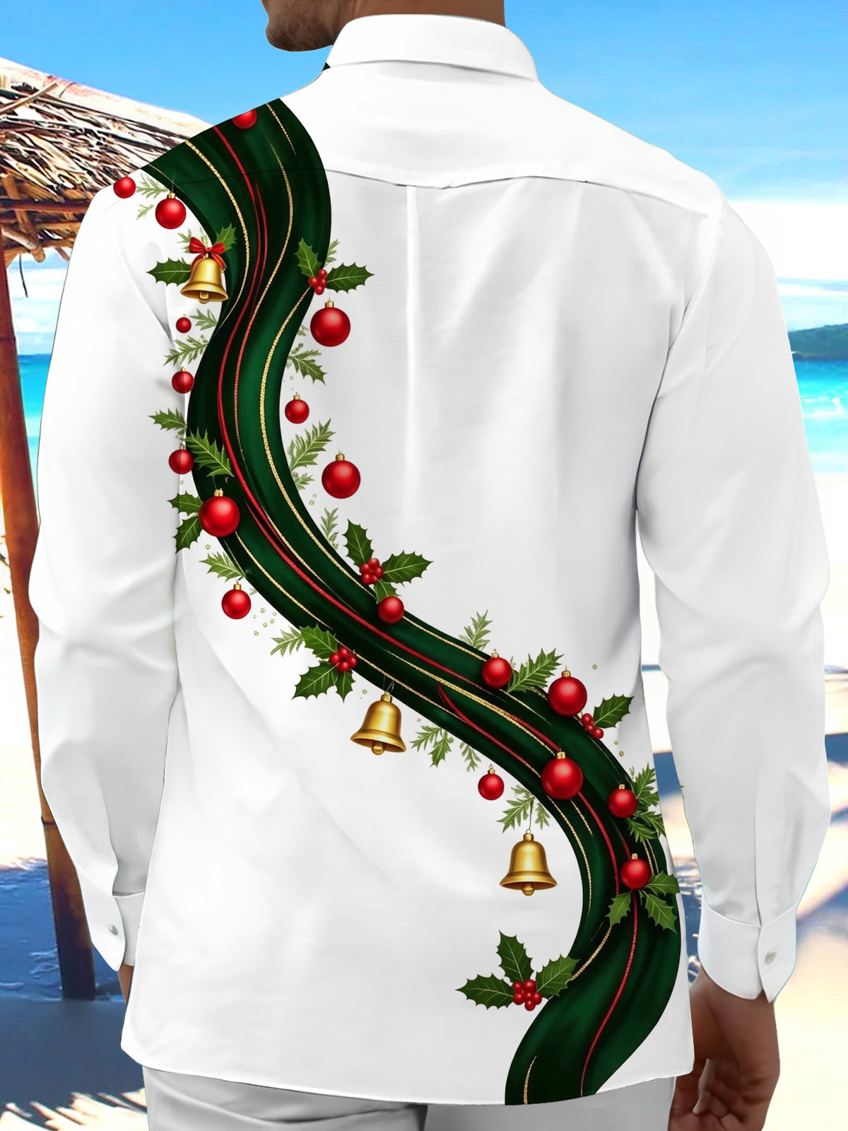 Adaychic Men's Long Sleeve Shirt - Christmas Ribbon With Bells And Ornaments Print with Chest Pocket