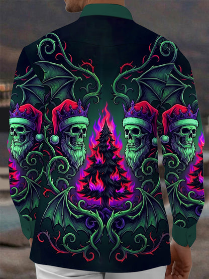 Adaychic Men's Graphic Skull With Santa Hat And Crown Print Long Sleeve Shirt