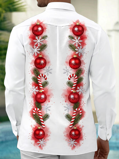 Adaychic Men's Christmas Ornaments And Candy Canes Print Long Sleeve Shirt with Chest Pocket