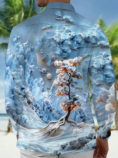 Adaychic Men's Printed Mountain Landscape Print Long Sleeve Shirt with Chest Pocket