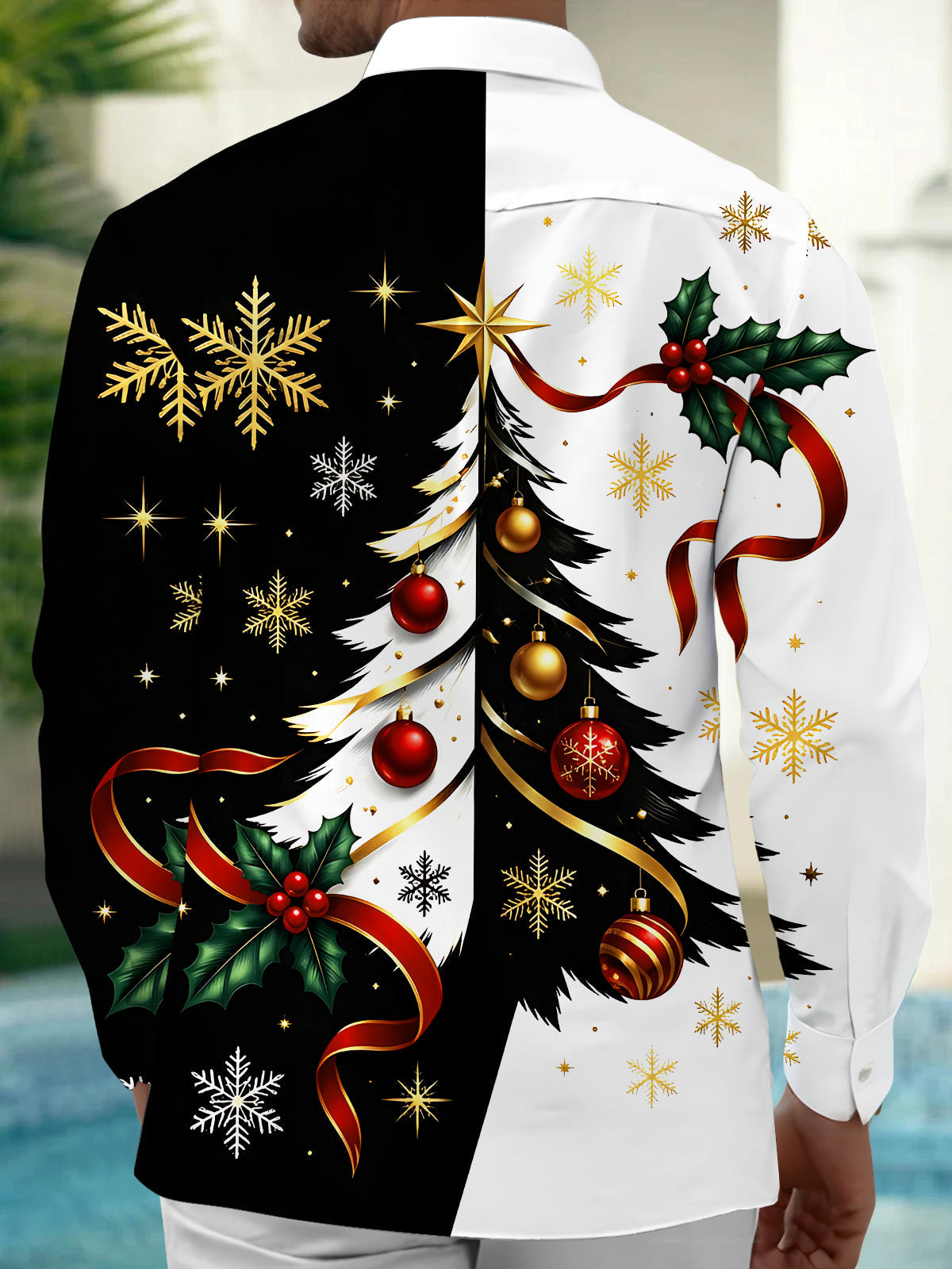 Adaychic Men's Christmas Tree With Ornaments And Holly Print Long Sleeve Shirt with Chest Pocket
