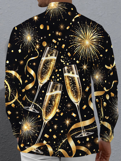 Adaychic Men's New Year Champagne Glasses And Fireworks Print Long Sleeve Shirt with Chest Pocket