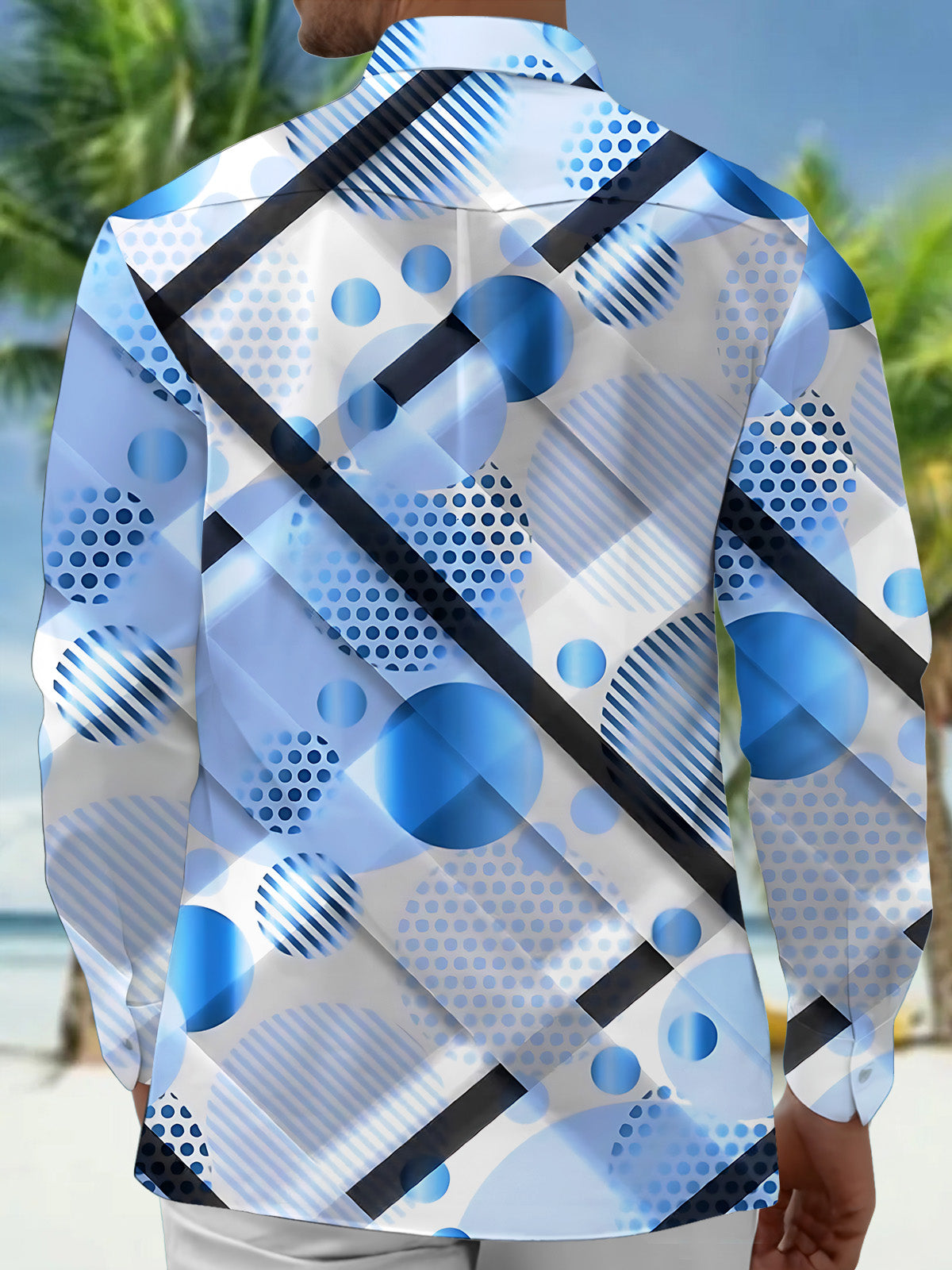 Adaychic Men's Printed Blue Geometric Circles Print Long Sleeve Shirt with Chest Pocket