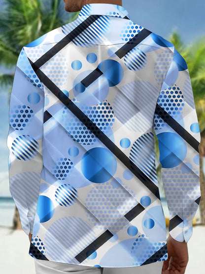 Adaychic Men's Printed Blue Geometric Circles Print Long Sleeve Shirt with Chest Pocket