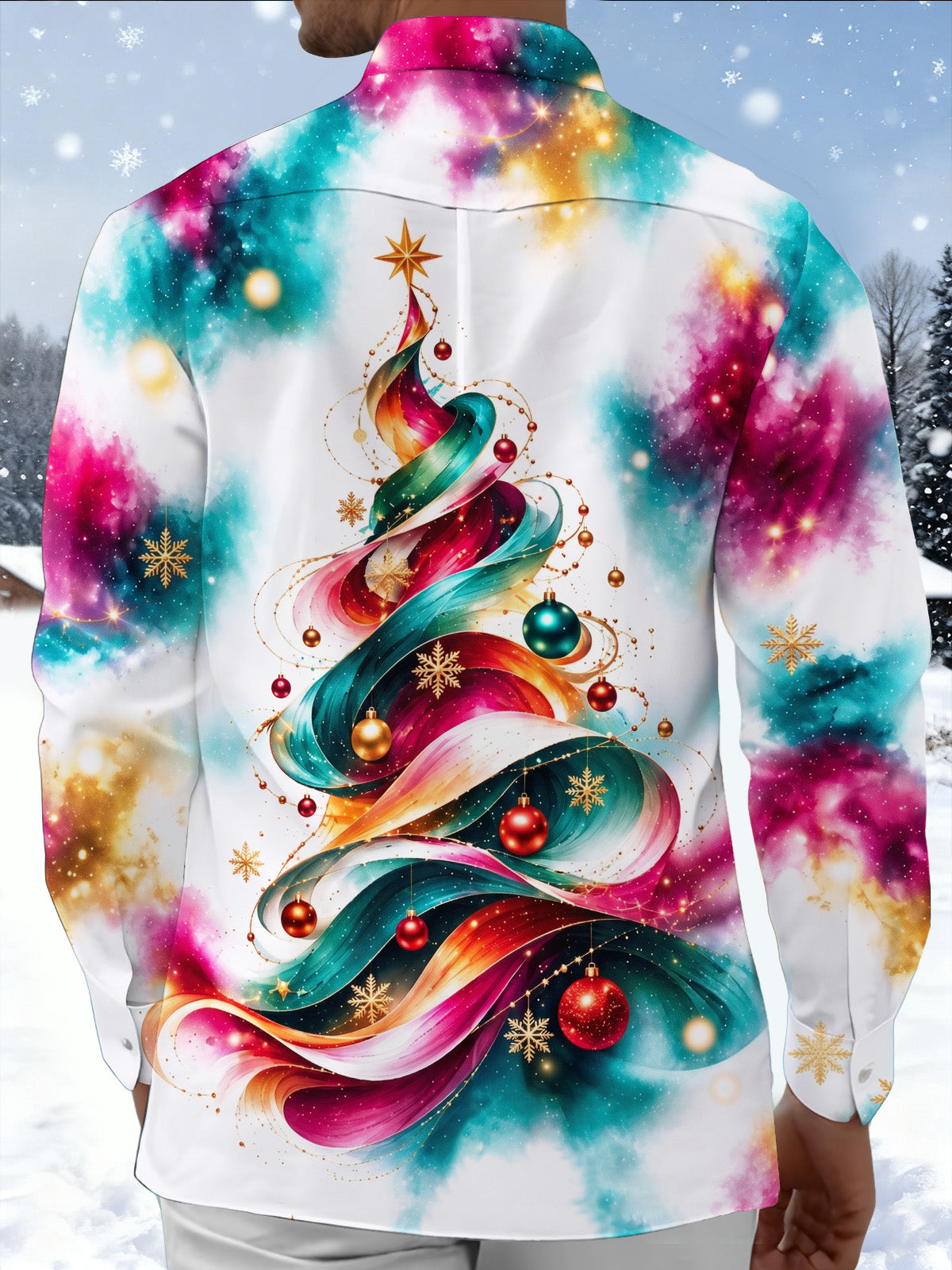 Adaychic Men's Long Sleeve Shirt - Abstract Christmas Tree With Ornaments And Snowflakes Print with Chest Pocket