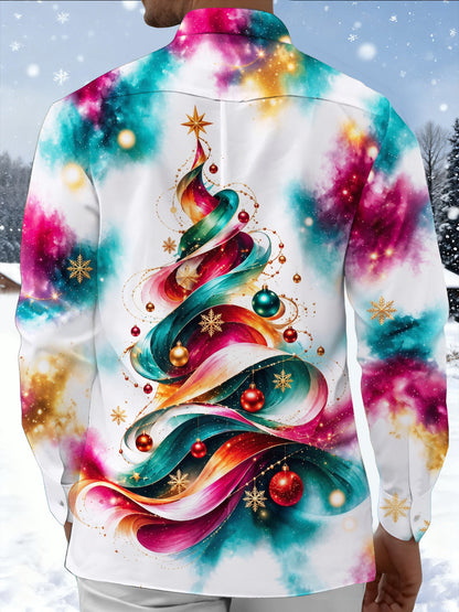 Adaychic Men's Long Sleeve Shirt - Abstract Christmas Tree With Ornaments And Snowflakes Print with Chest Pocket