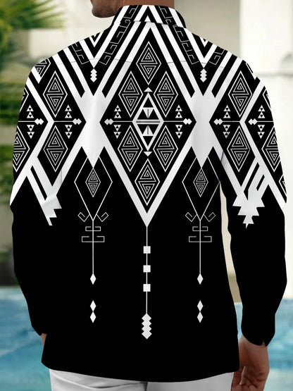 Adaychic Men's Patterned Black And White Geometric Print Long Sleeve Shirt with Chest Pocket