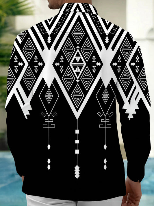 Adaychic Men's Patterned Black And White Geometric Print Long Sleeve Shirt with Chest Pocket