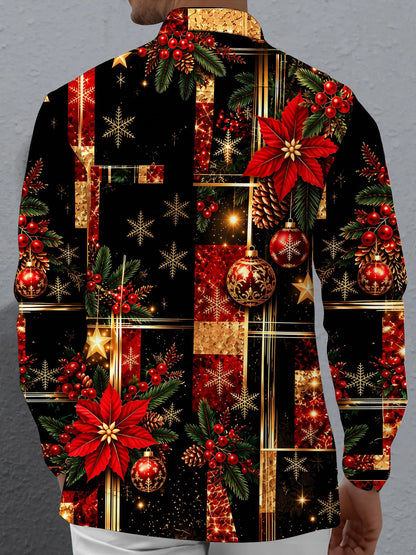 Adaychic Men's Printed Christmas Ornaments Print Long Sleeve Shirt with Chest Pocket