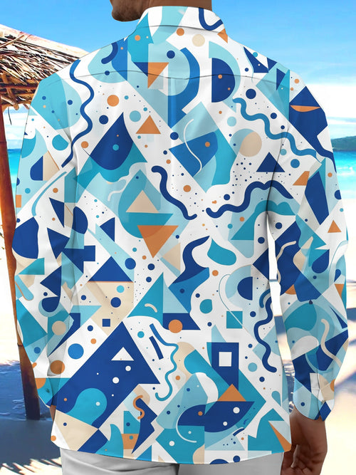 Adaychic Blue Orange Geometric Abstract Pattern Men's Pocket Long Sleeve Shirts