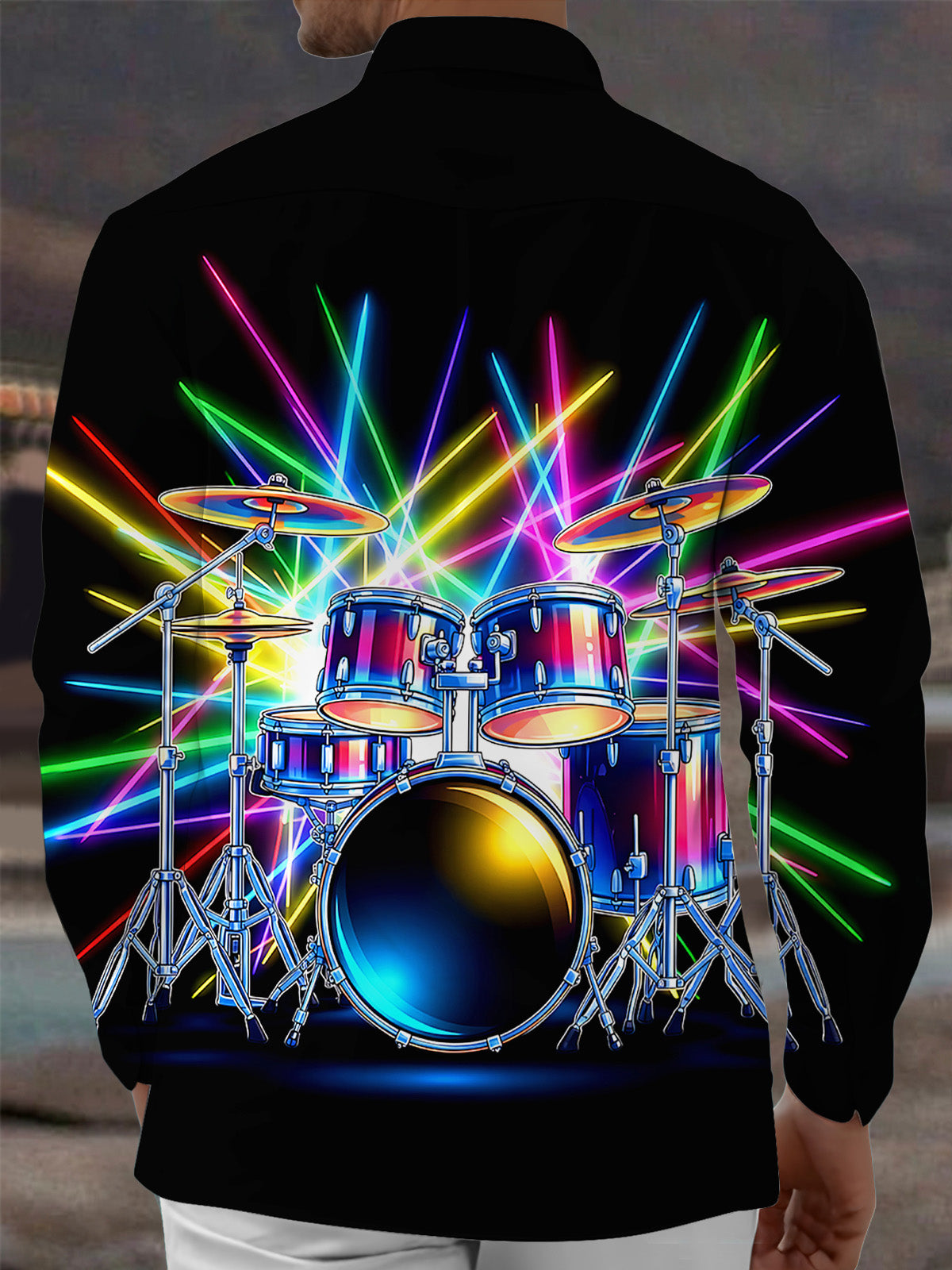 Adaychic Men's Graphic Neon Drum Set Print Long Sleeve Shirt with Chest Pocket