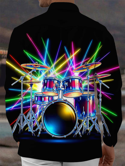 Adaychic Men's Graphic Neon Drum Set Print Long Sleeve Shirt with Chest Pocket