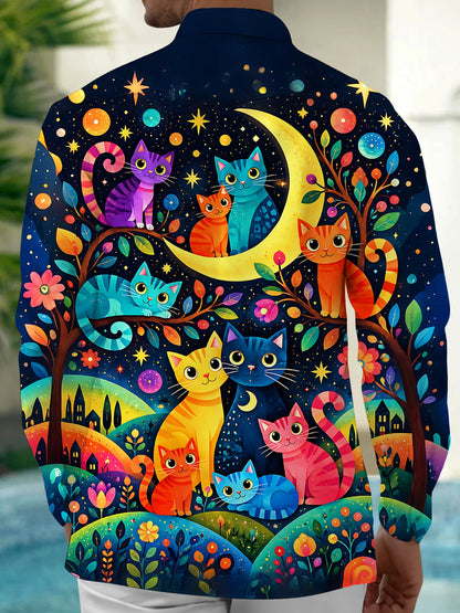 Adaychic Men's Hawaiian Colorful Cats Print Night Sky Print Long Sleeve Shirt with Chest Pocket